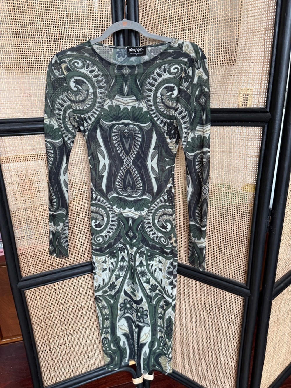 Nasty Gal Olive & Black See-Through Mesh Long-Sleeve Bodycon Dress